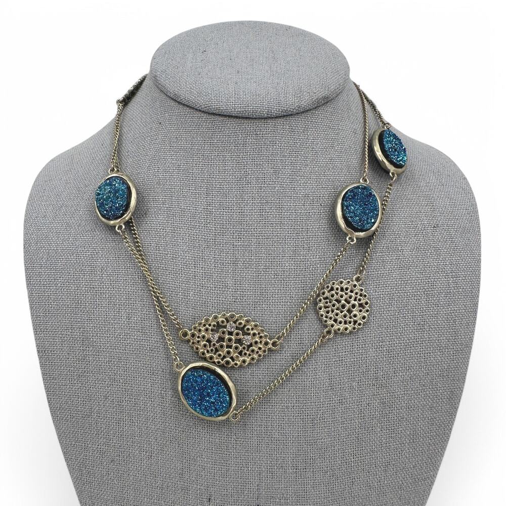 Vintage VCLM Necklace Blue Faux Druzy Rhinestone Stations Opera Length